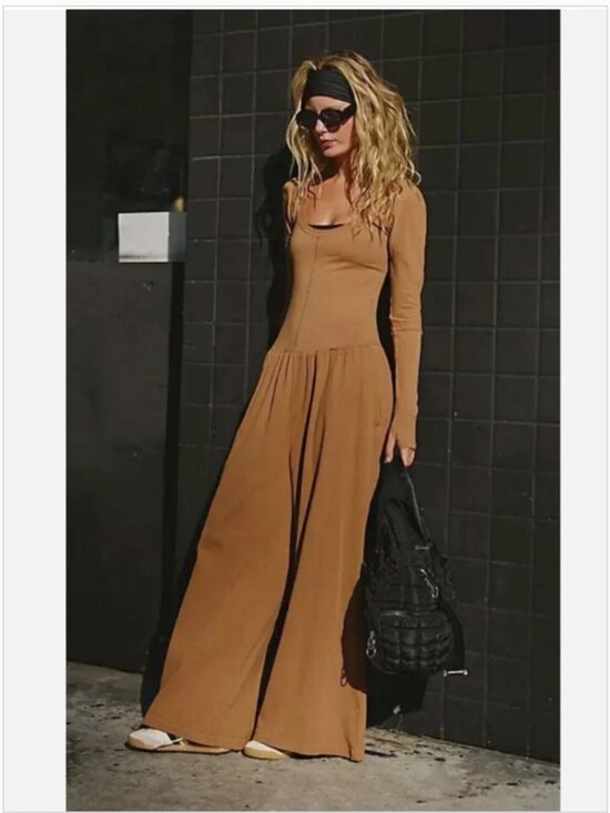 Free People Pants - FREE PEOPLE FP MOVEMENT CAMEL HOT SHOT SCOOP NECK WIDE LEG ONE PIECE JUMPSUIT XS